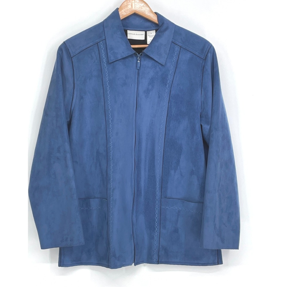 Alfred Dunner Womens Jacket 8 Faux Suede Blue Embroidered Full Zip Front Pocket